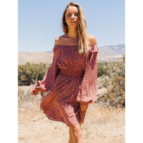 Rust Floral Long Sleeve Off Shoulder Dress - Picture 1 of 4